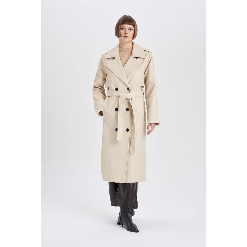 DEFACTO Waterproof Regular Fit Faux Leather Trench Coat