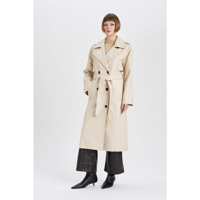 DEFACTO Waterproof Regular Fit Faux Leather Trench Coat