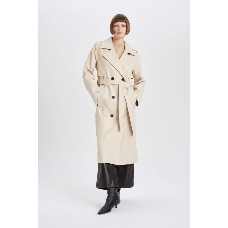 DEFACTO Waterproof Regular Fit Faux Leather Trench Coat