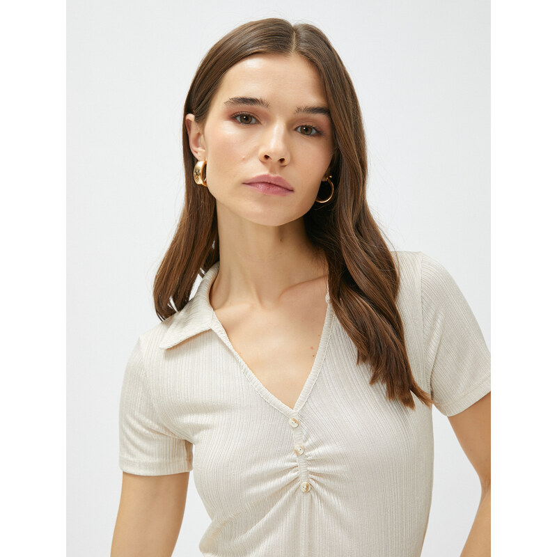 Koton Crop Polo T-Shirt Striped Draping Detailed