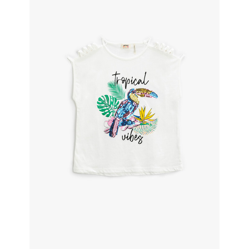 Koton Parrot Stamp Sequin Embroidered T-Shirt Window Detail Sleeveless