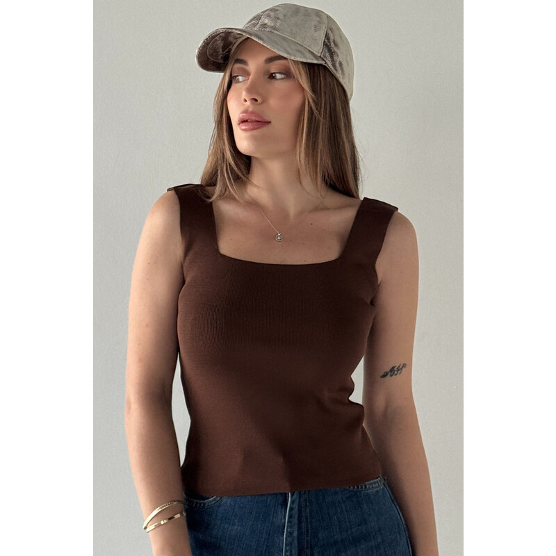 MODAGEN Women's Square Neck Thick Strap Brown Crop