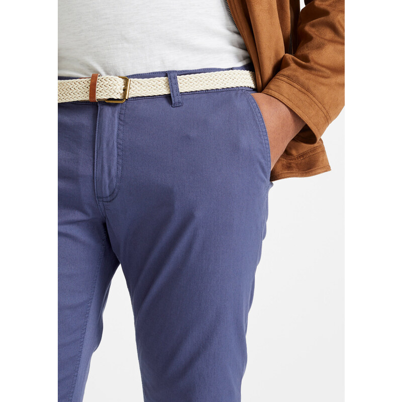 bonprix Strečové chino kalhoty Regular Fit z kolekce Speciální střih, s páskem, Straight Modrá