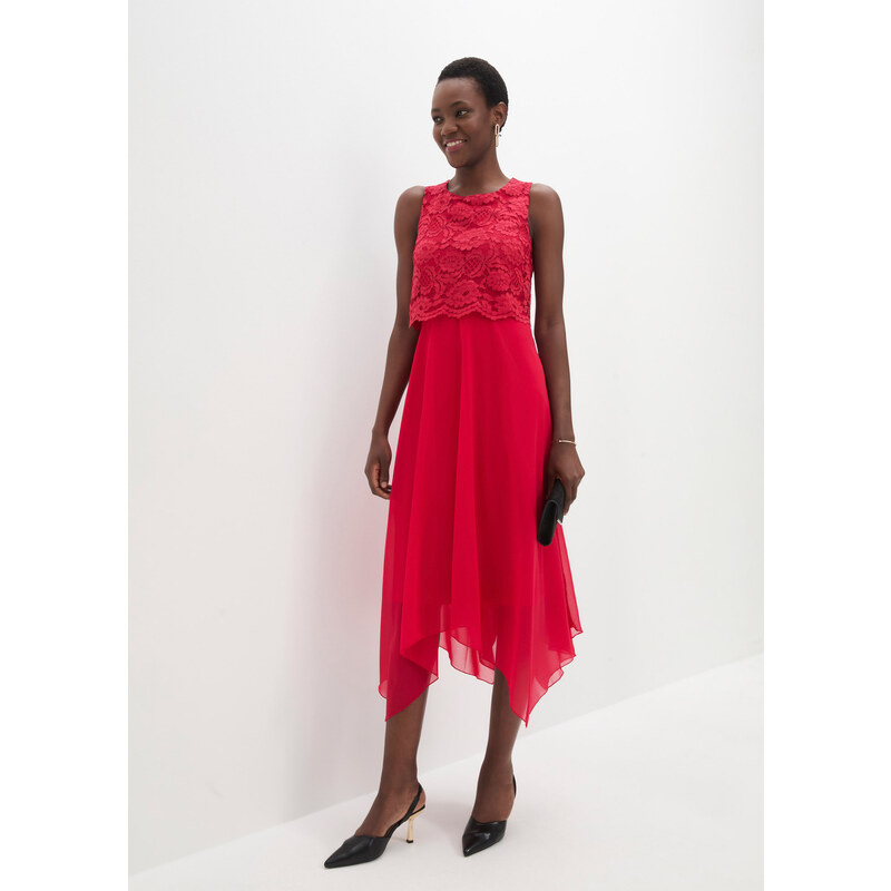 bonprix Premium šifonové šaty s krajkou Červená