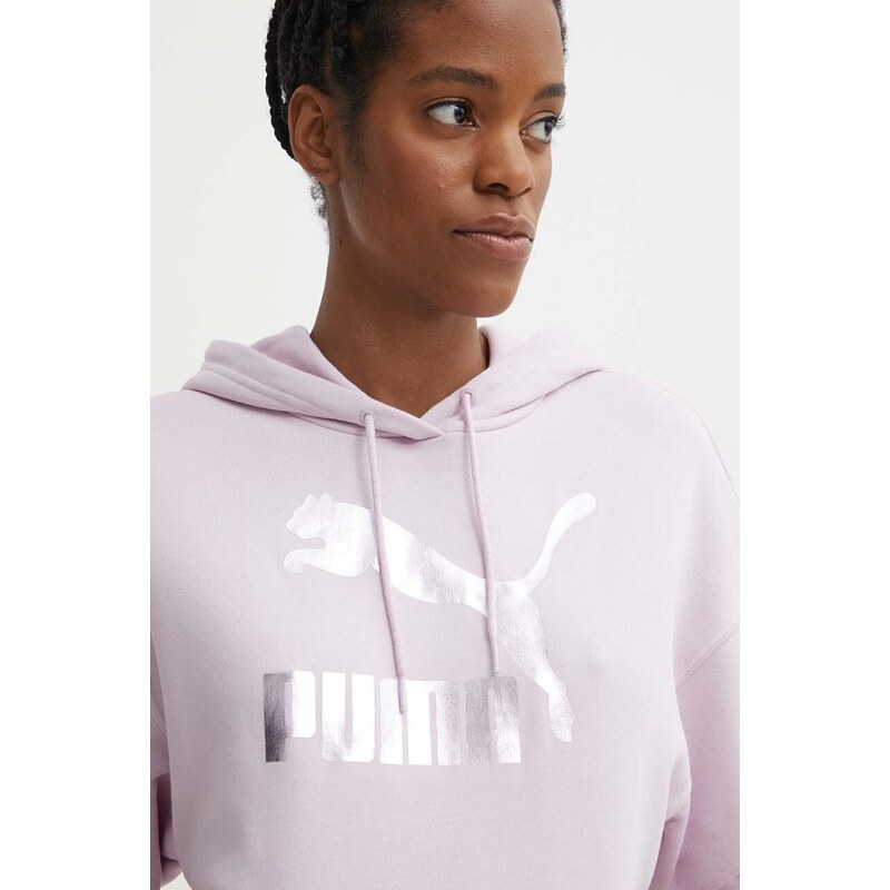 Mikina Puma CLASSICS Shiny Logo Hoodie dámská, fialová barva, s kapucí, s potiskem, 625595