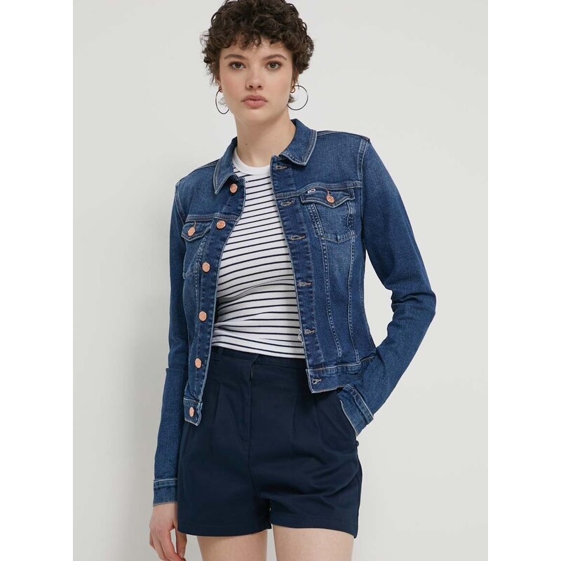 Džínová bunda Tommy Jeans dámská, tmavomodrá barva, přechodná, DW0DW17959