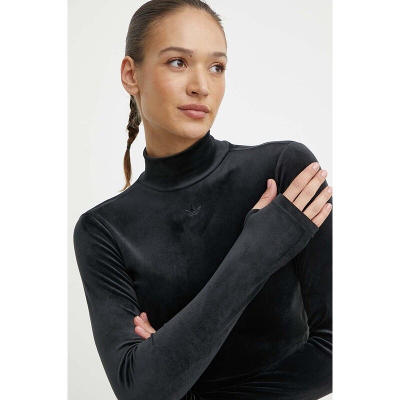 Velurové tričko s dlouhým rukávem adidas Originals černá barva, s pologolfem, IT9660