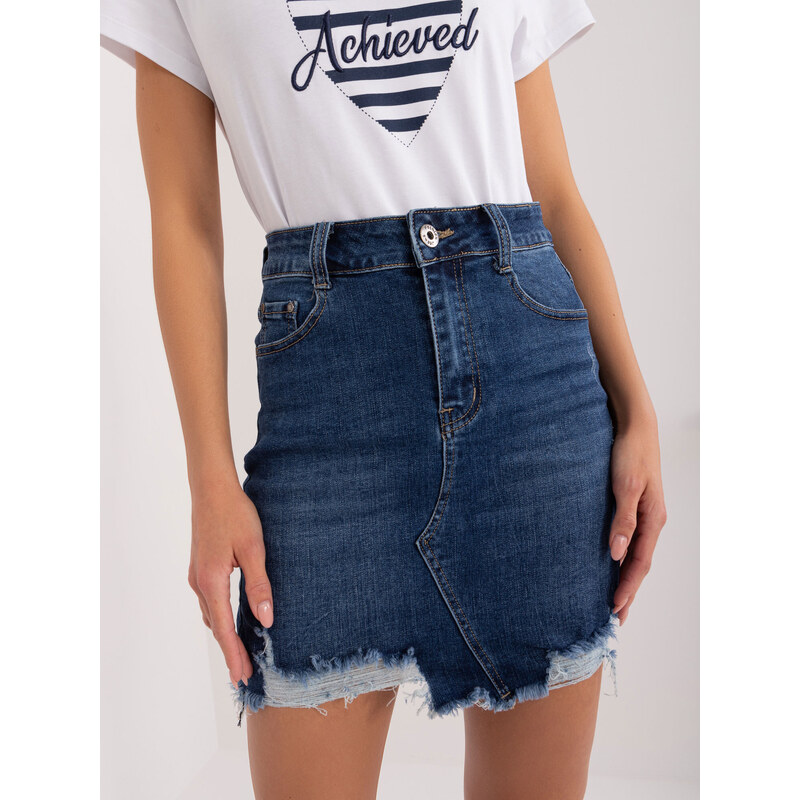 Fashionhunters Námořnická modrá džínová minisukně s třásněmi