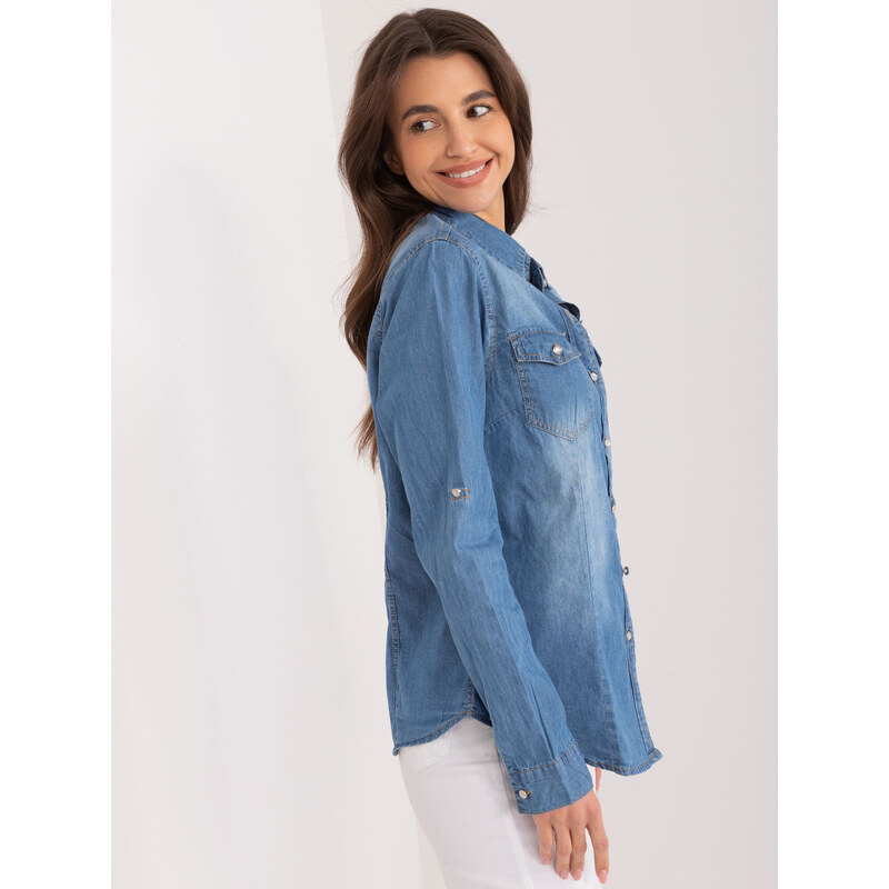 Fashionhunters Modrá džínová košile s límečkem