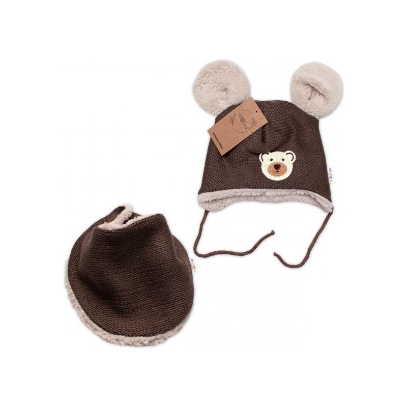 Baby Nellys Pletená zimní čepice s kožíškem a šátkem Teddy Bear, Baby Nellys, hnědá