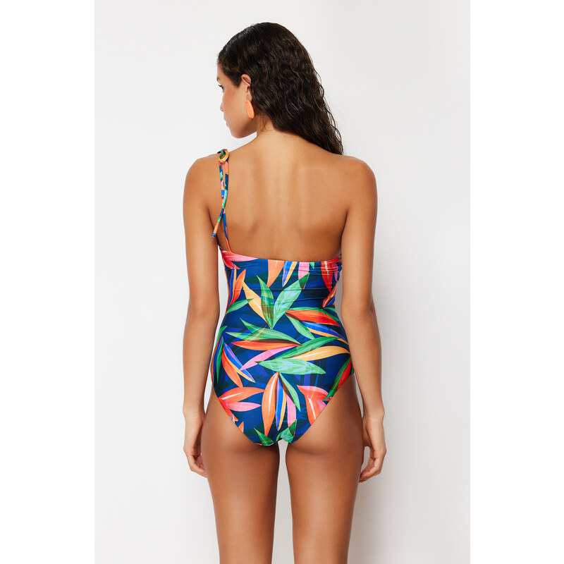 Trendyol Tropical Patterned Single Shoulder Tie Regular Swimsuit