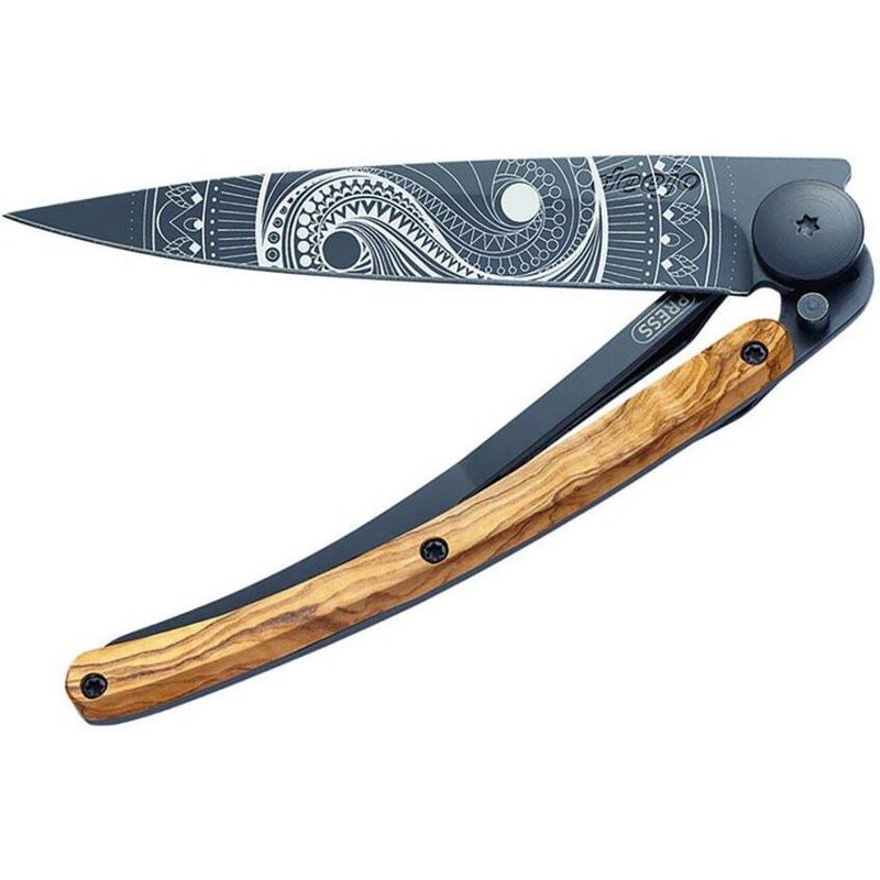 Deejo skládací nůž Tattoo Black 37g Yin Yang Olive Wood