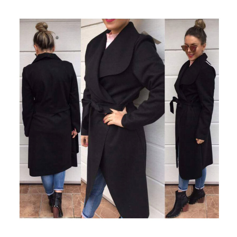 Fashionweek Elegantní dlouhý flaušový kabátek s páskem LINE XXL/XXXL