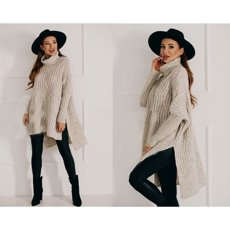 Fashionweek Luxusní pončo svetr, vlněný pletený kabát s teplým rolákem 68560114