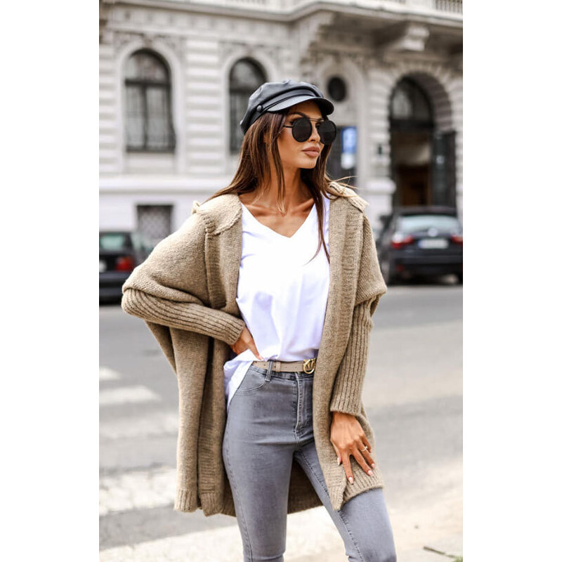 Fashionweek Dámský cardigan luxusní pletený kabát,cardigan s kapucí BETI