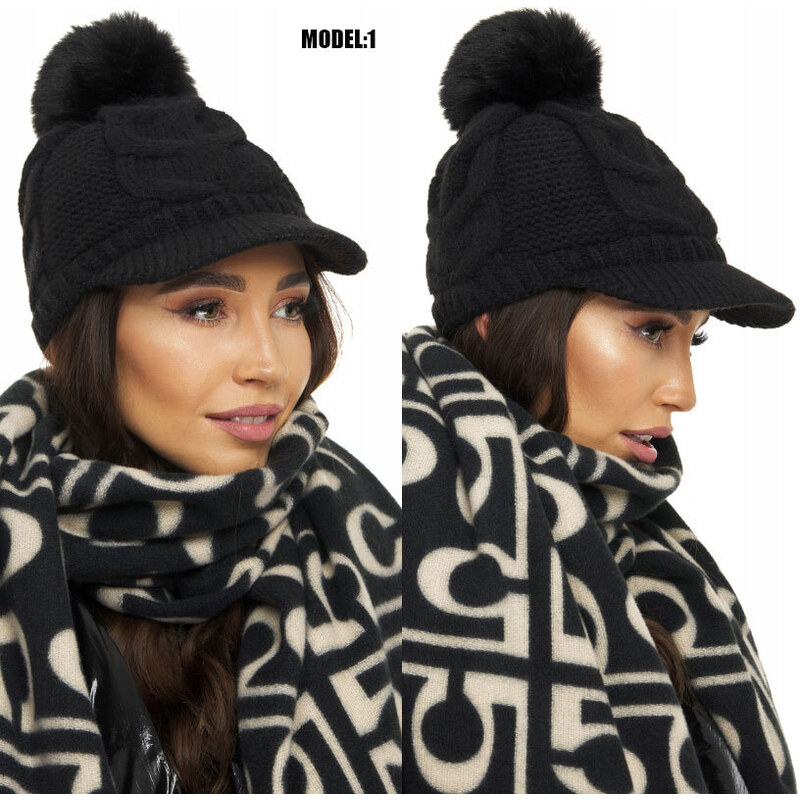 Fashionweek Zimní čepice s kšiltem a bambulí ze silného pleteného úpletu KARR4