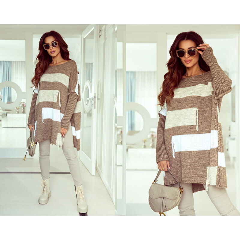 Fashionweek Luxusní volný pletený svetr jako pončo s bočními rozparky pro moletky JK-ZARA