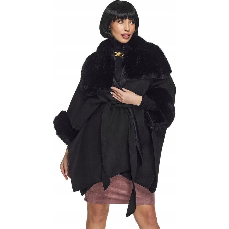 Fashionweek Dámské pončo semišové s kožešinou jako kabát bunda prémiová kvalita KARR