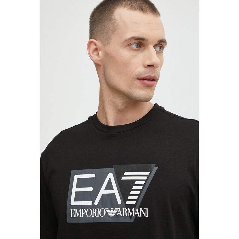 Bavlněné tričko EA7 Emporio Armani černá barva, s potiskem