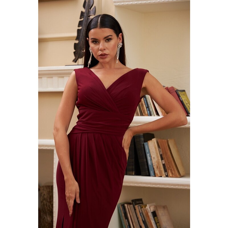 Carmen Claret Red Sandy Long Evening Dress with a Slit