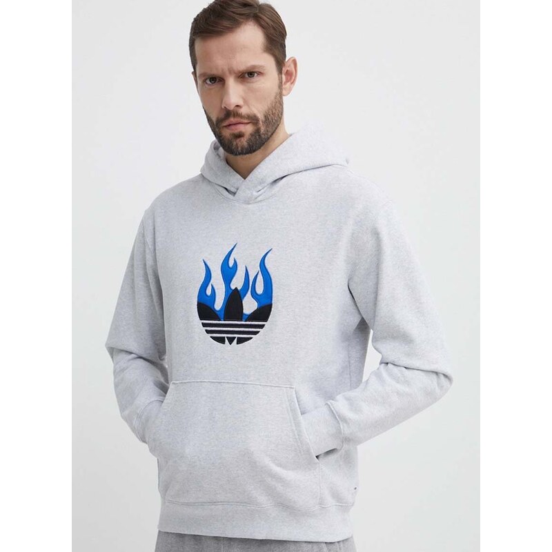 Bavlněná mikina adidas Originals pánská, šedá barva, s kapucí, melanžová, IS2947