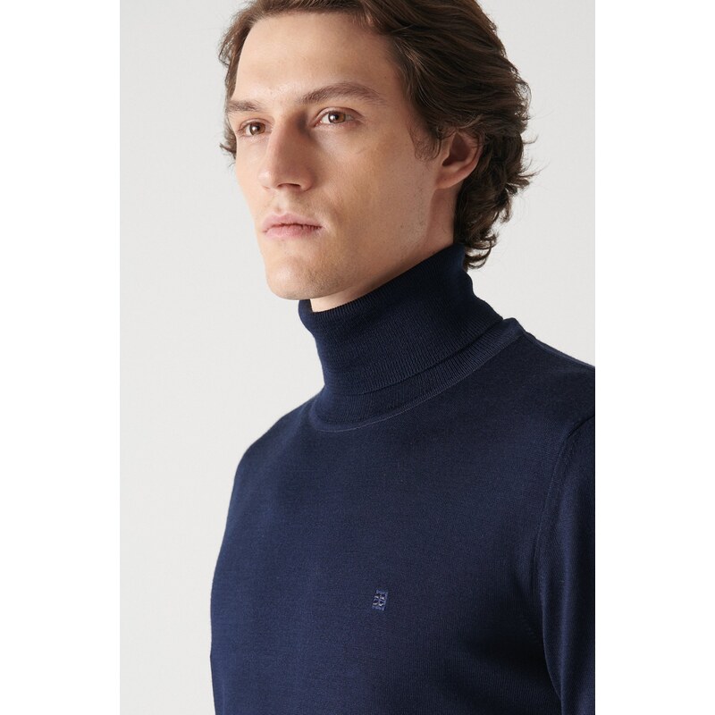 Avva Men's Navy Blue Full Turtleneck Wool Blended Regular Fit Knitwear Sweater