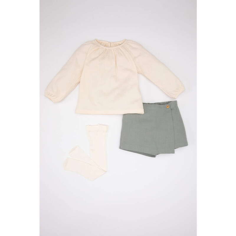 DEFACTO Baby Girl Gabardine Blouse Shorts Skirt Socks 3 Piece Set