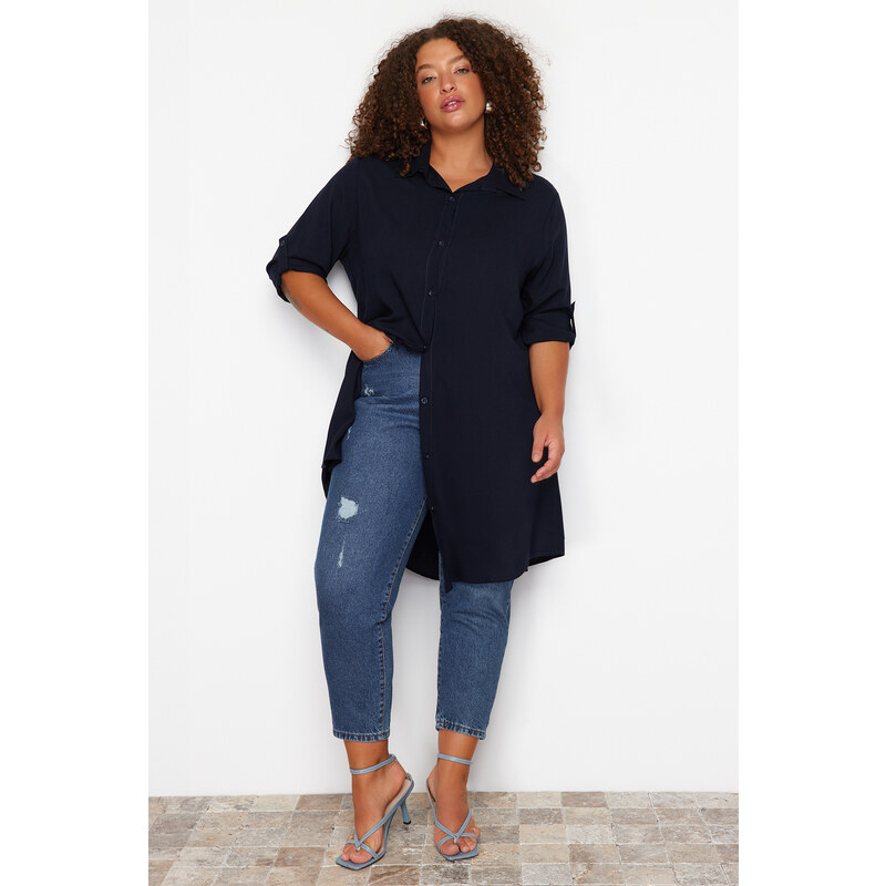 Trendyol Curve Navy Blue Basic Oversize Woven Shirt