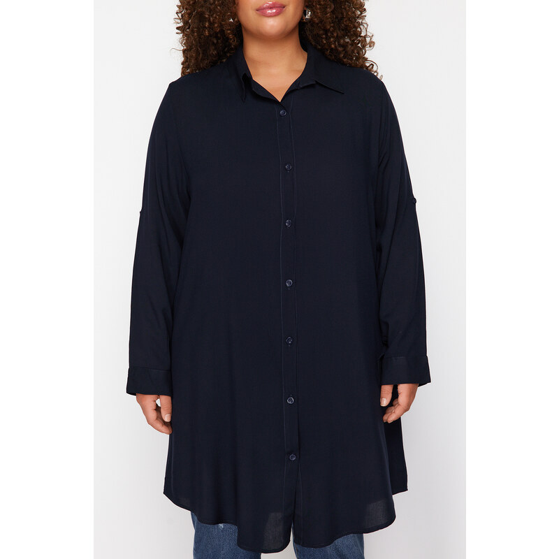 Trendyol Curve Navy Blue Basic Oversize Woven Shirt