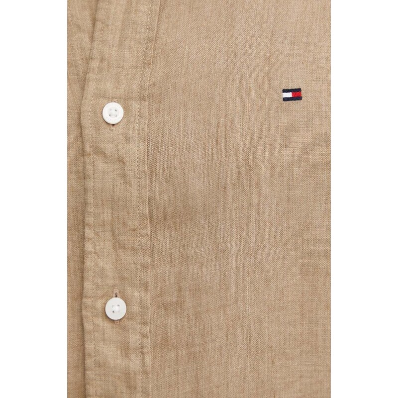 Lněná košile Tommy Hilfiger béžová barva, regular, s límečkem button-down, MW0MW34602