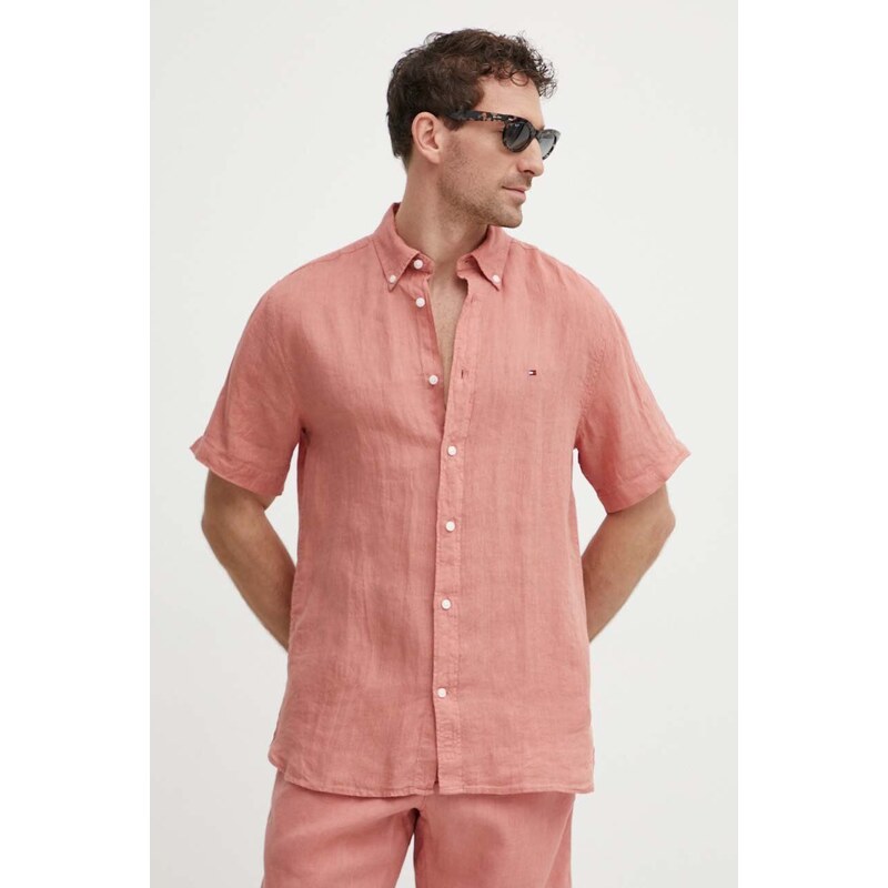 Lněná košile Tommy Hilfiger růžová barva, regular, s límečkem button-down, MW0MW35207