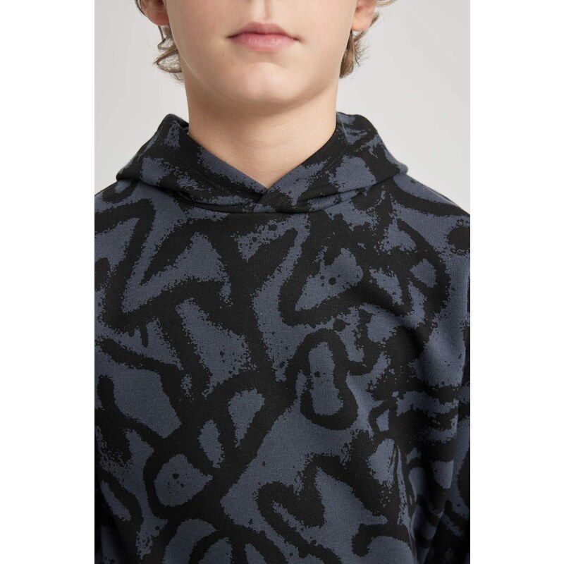 DEFACTO Boy Oversize Fit Hooded Patterned Sweatshirt