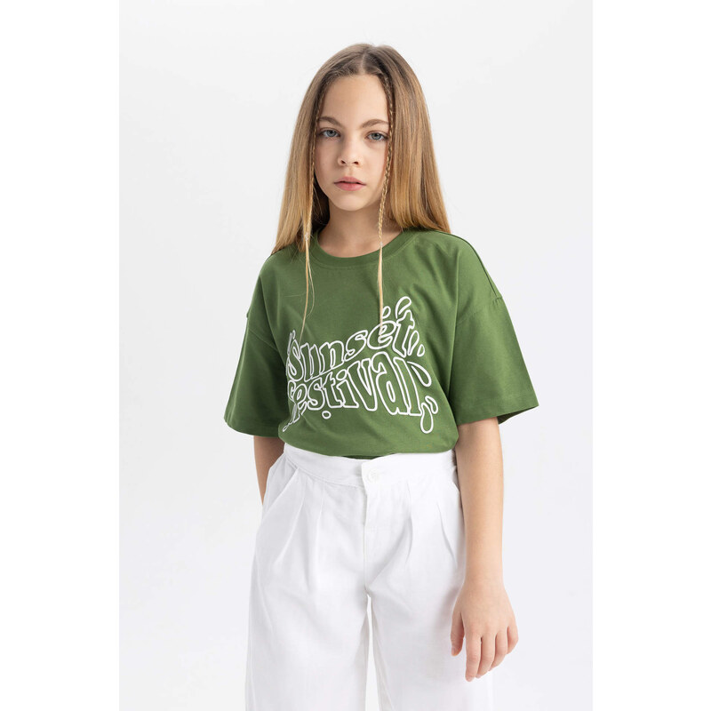 DEFACTO Girl Relax Fit Slogan Printed Short Sleeve T-Shirt