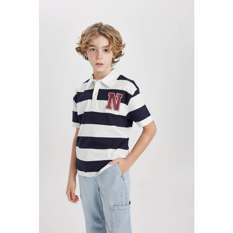 DEFACTO Boy Oversize Fit Striped Printed Short Sleeve Polo T-Shirt