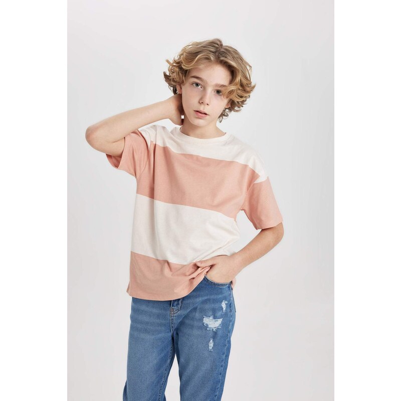 DEFACTO Boy Oversize Fit Crew Neck Striped Short Sleeve T-Shirt