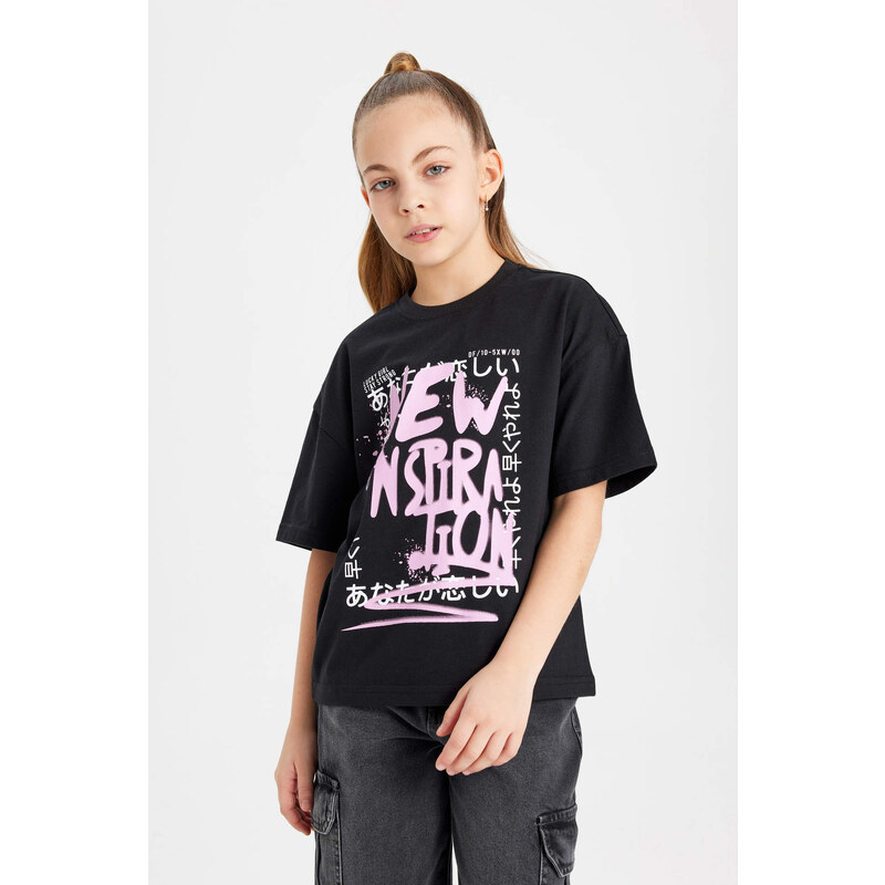 DEFACTO Girl Relax Fit Slogan Printed Short Sleeve T-Shirt