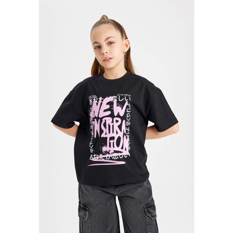 DEFACTO Girl Relax Fit Slogan Printed Short Sleeve T-Shirt