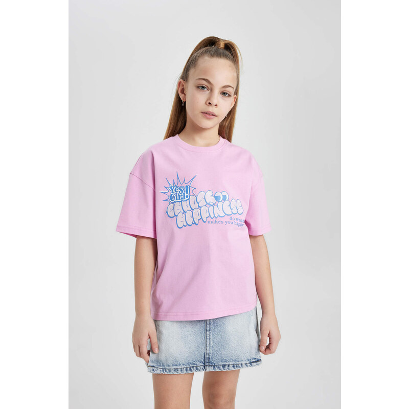 DEFACTO Girl Relax Fit Slogan Printed Short Sleeve T-Shirt