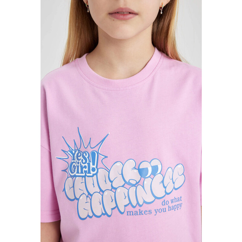 DEFACTO Girl Relax Fit Slogan Printed Short Sleeve T-Shirt