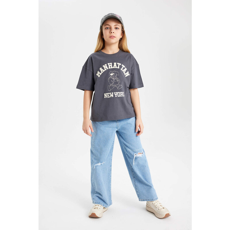 DEFACTO Girl Oversize Fit Printed Short Sleeve T-Shirt