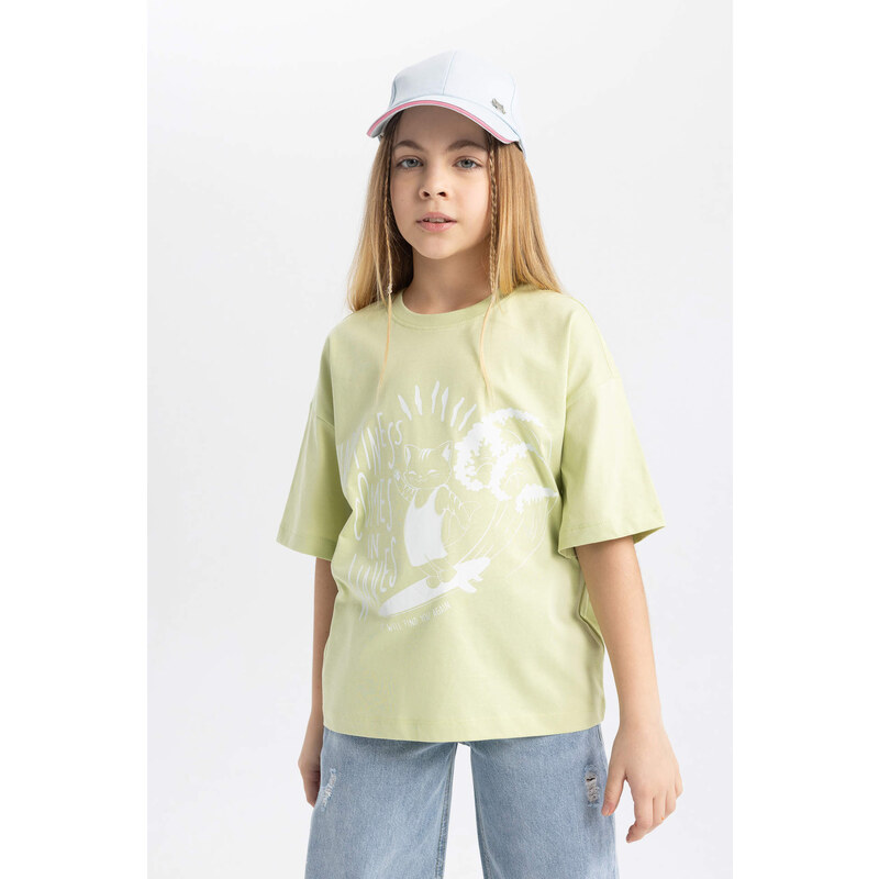 DEFACTO Girl Relax Fit Slogan Printed Short Sleeve T-Shirt