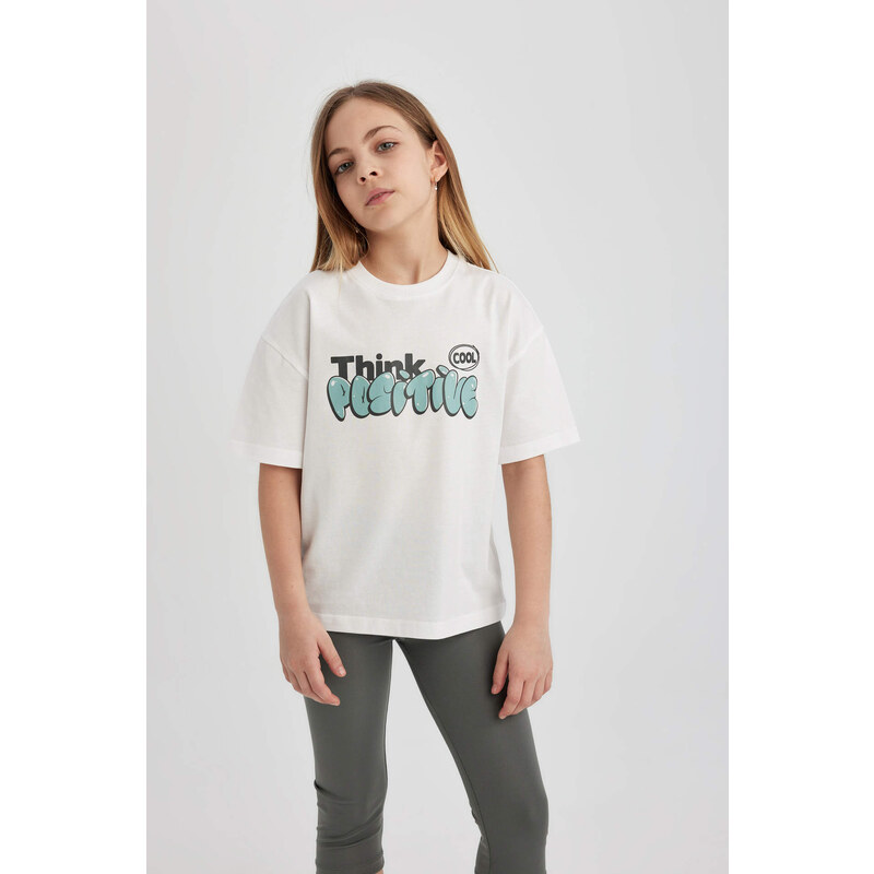 DEFACTO Girl Relax Fit Slogan Printed Short Sleeve T-Shirt