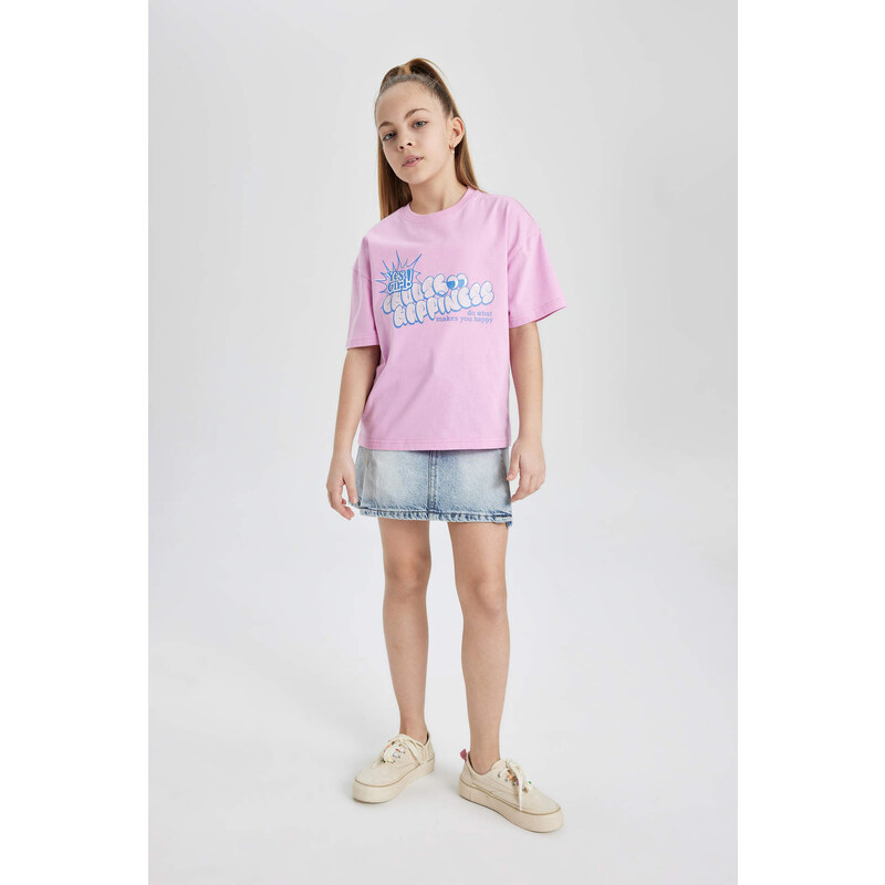 DEFACTO Girl Relax Fit Slogan Printed Short Sleeve T-Shirt