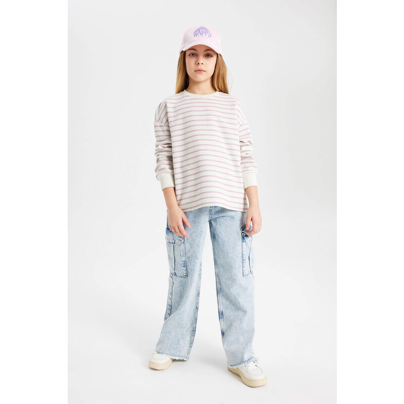 DEFACTO Girl Relax Fit Crew Neck Striped Sweatshirt