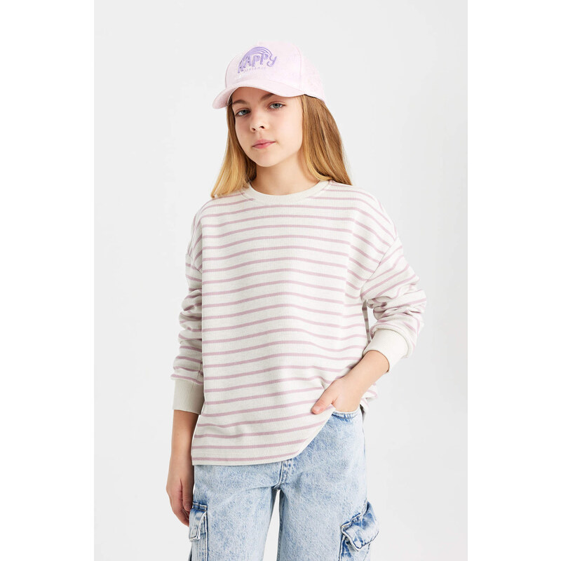 DEFACTO Girl Relax Fit Crew Neck Striped Sweatshirt