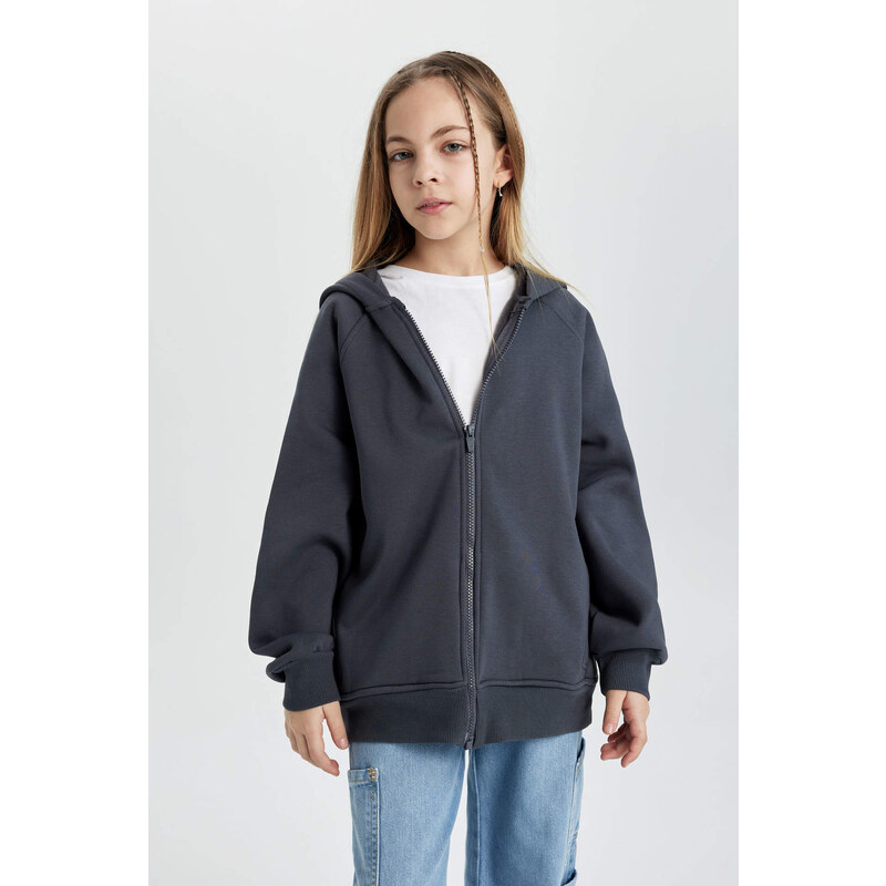 DEFACTO Girl Hooded Soft Lined Zippered Cardigan