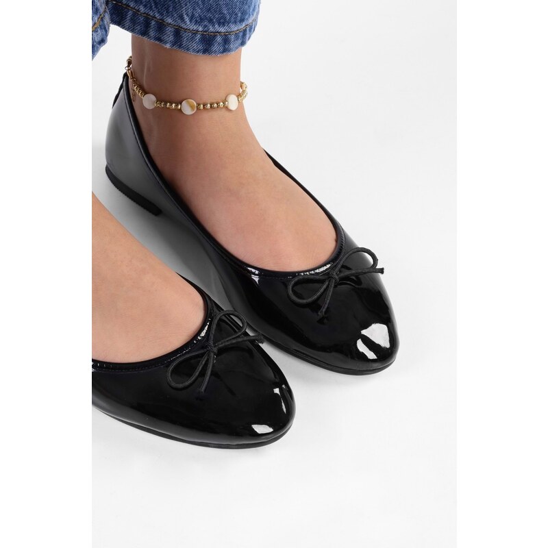 Shoeberry Women's Baily Black Patent Leather Bow Daily Flats