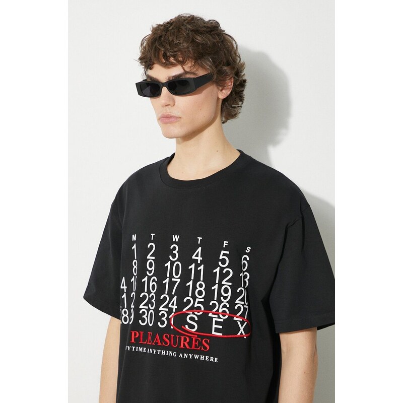 Bavlněné tričko PLEASURES Calendar Heavyweight T-Shirt černá barva, s potiskem, P24SP002.BLACK