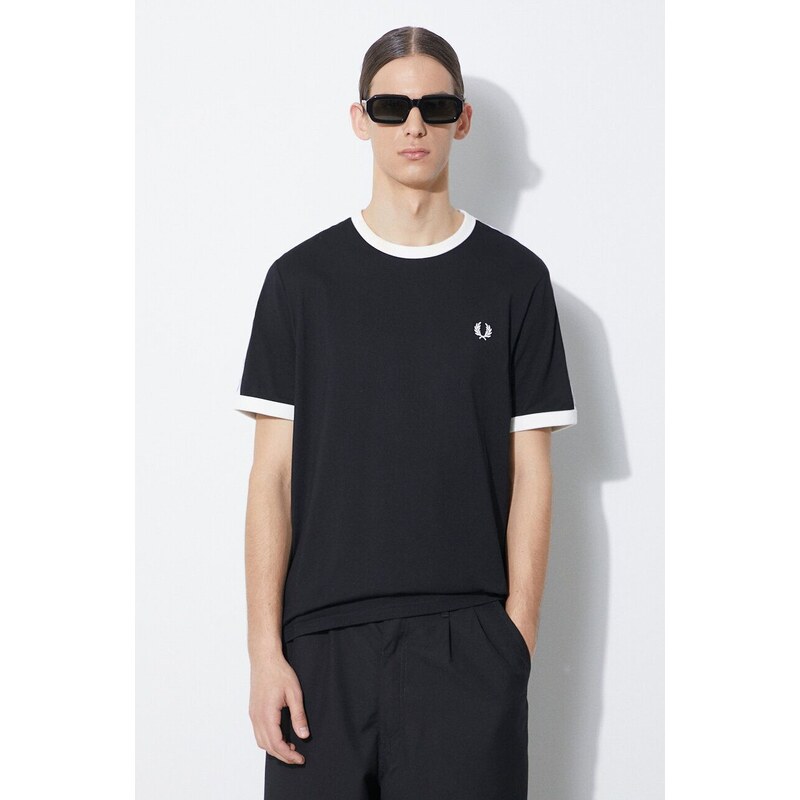 Bavlněné tričko Fred Perry Taped Ringer černá barva, s aplikací, M4620.102