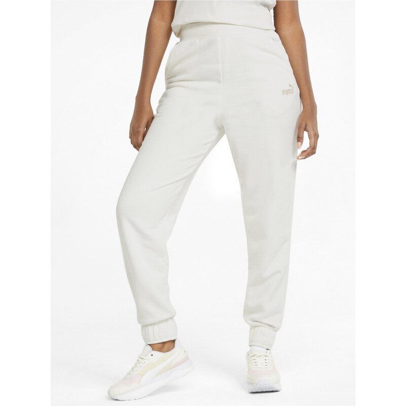 Krémové dámské tepláky Puma ESS+ Embroidery High-Waist Pants - Dámské